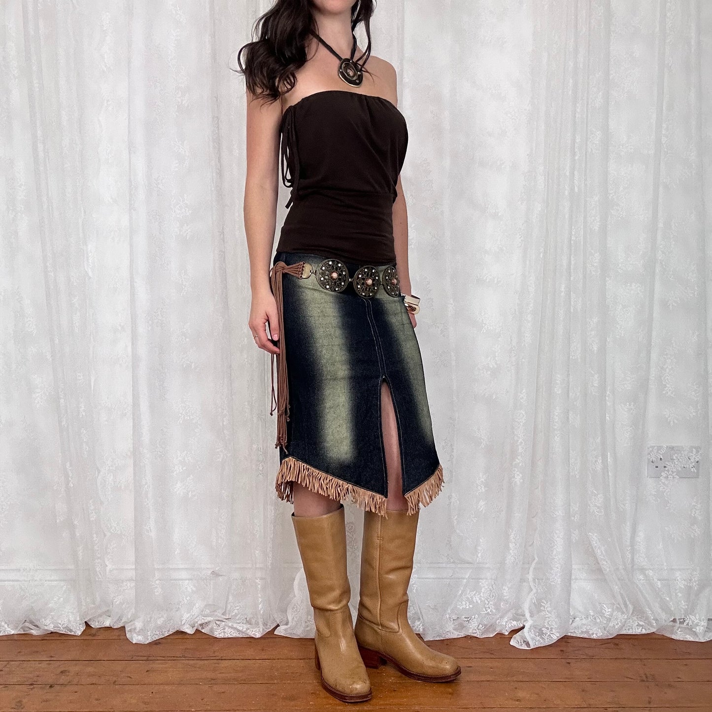 vintage 00s brown cinched waist strapless top