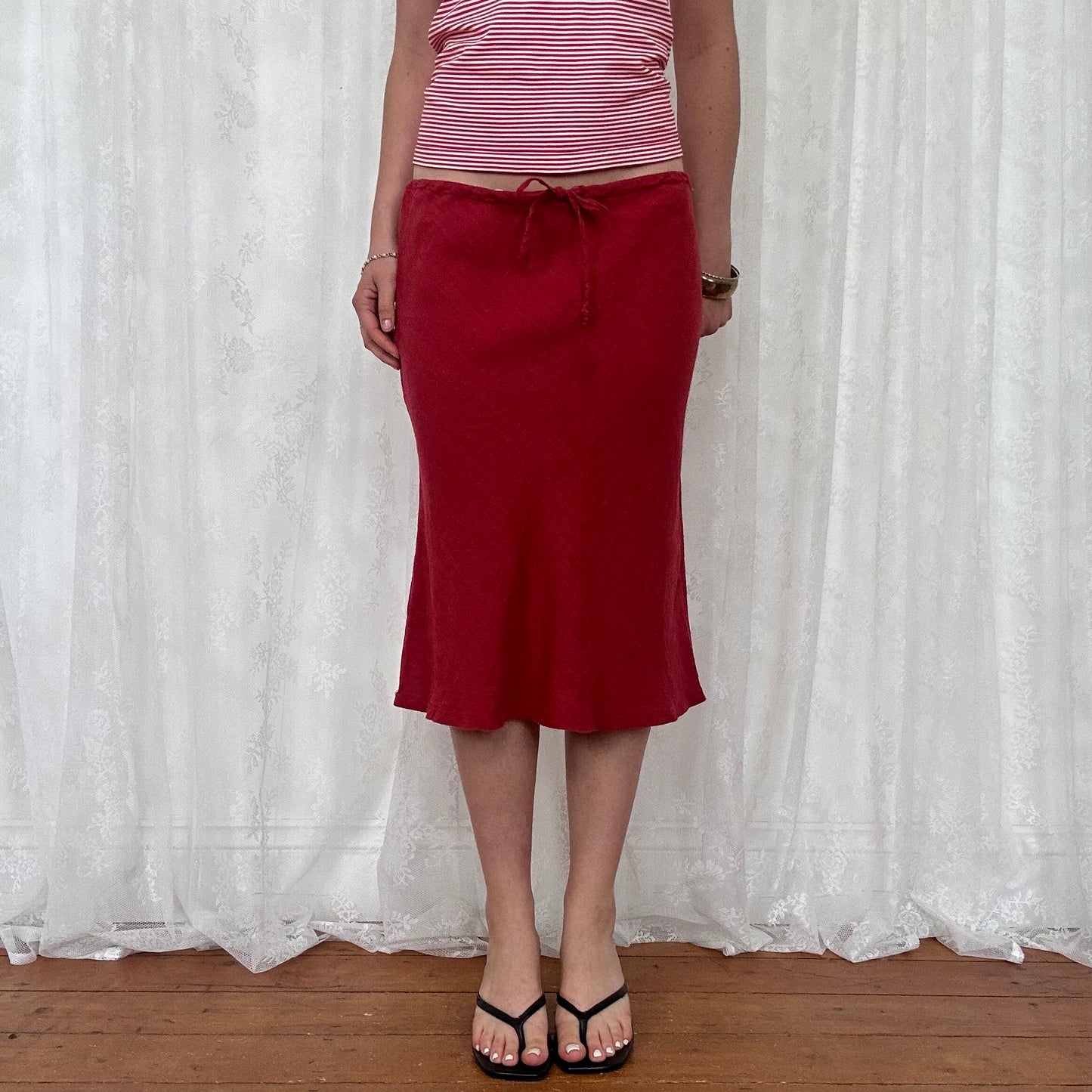 vintage 00s red linen drawstring waist midi skirt