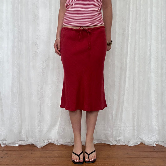 vintage 00s red linen drawstring waist midi skirt