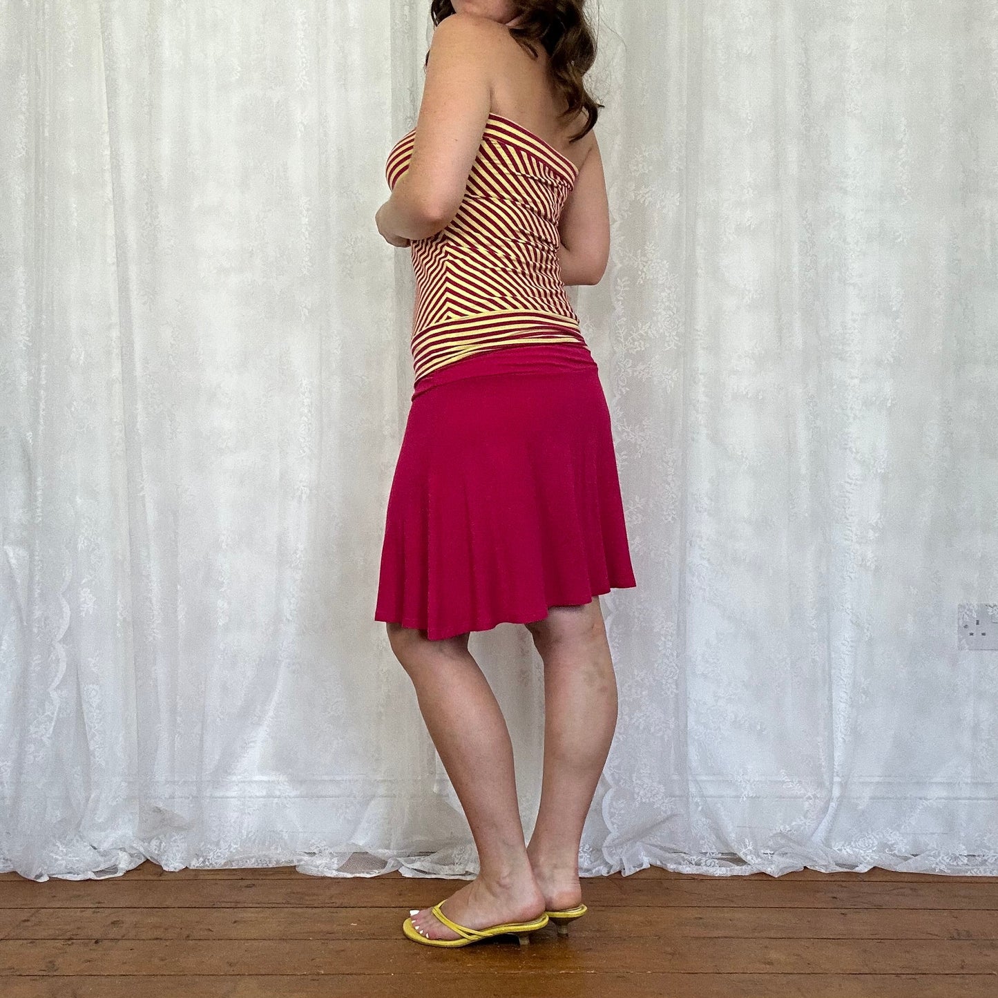 vintage 00s yellow and pink striped strapless top