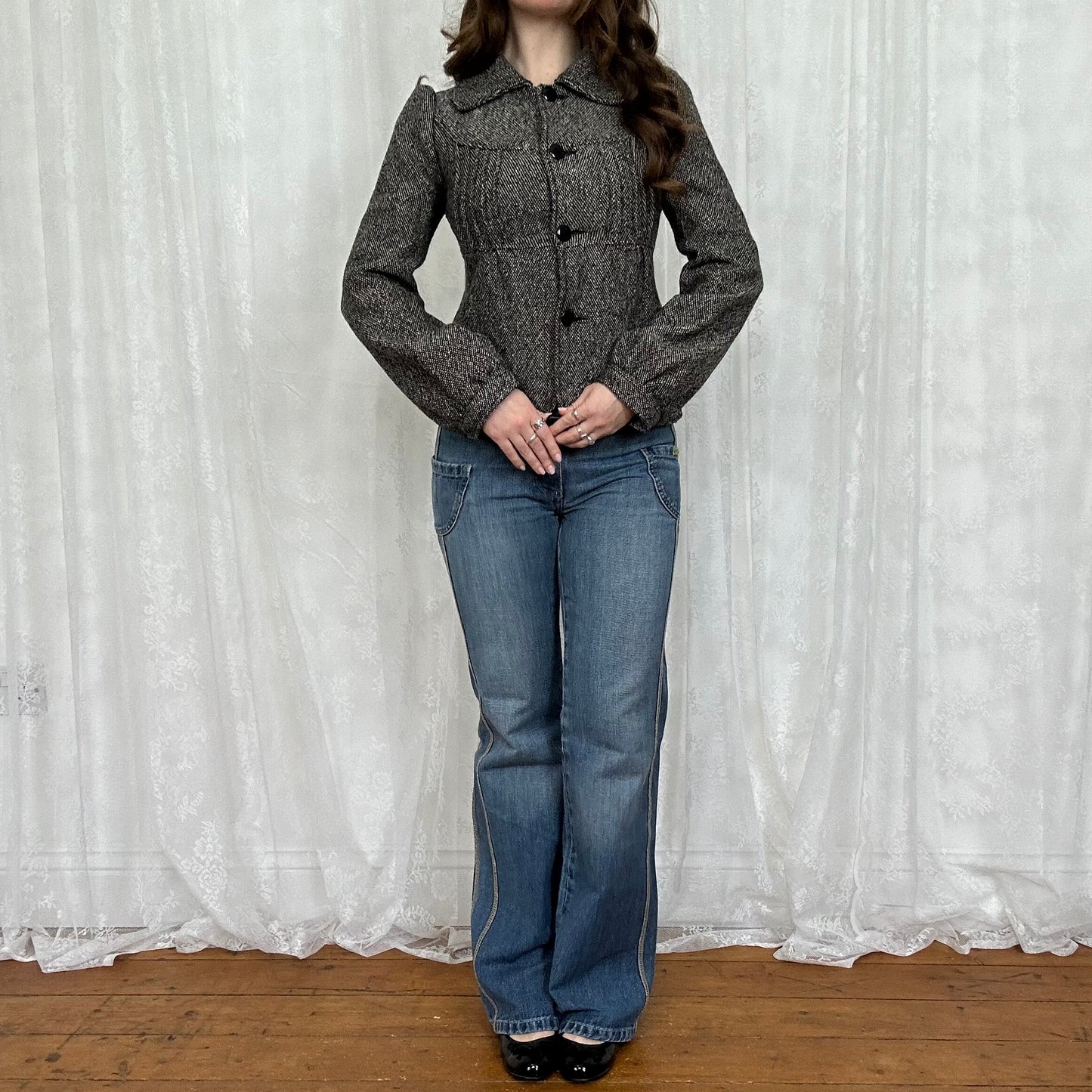 vintage 00s black and white tweed peacoat