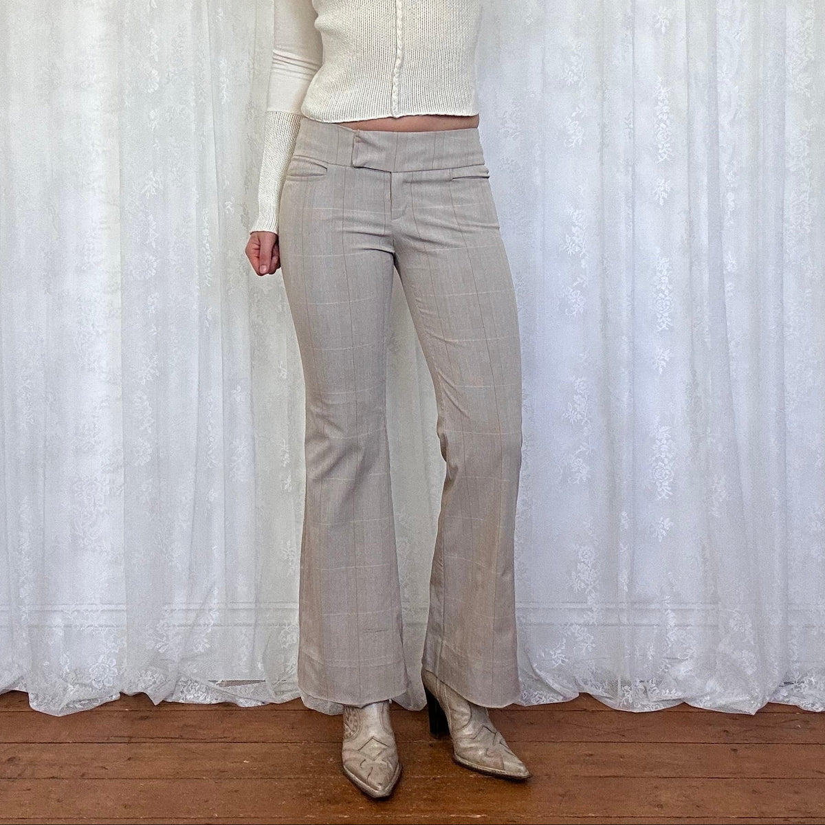 vintage 00s beige checkered low rise suit trousers