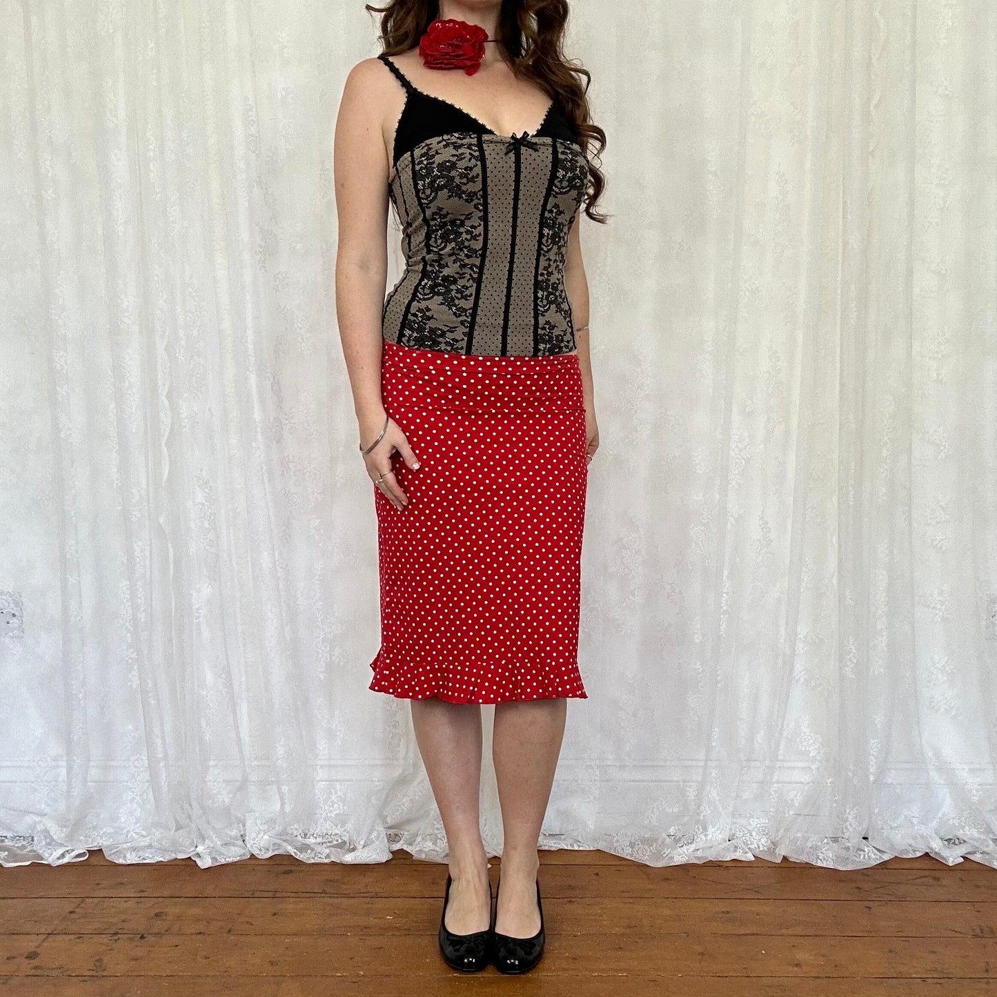 vintage 00s red polka dot midi skirt