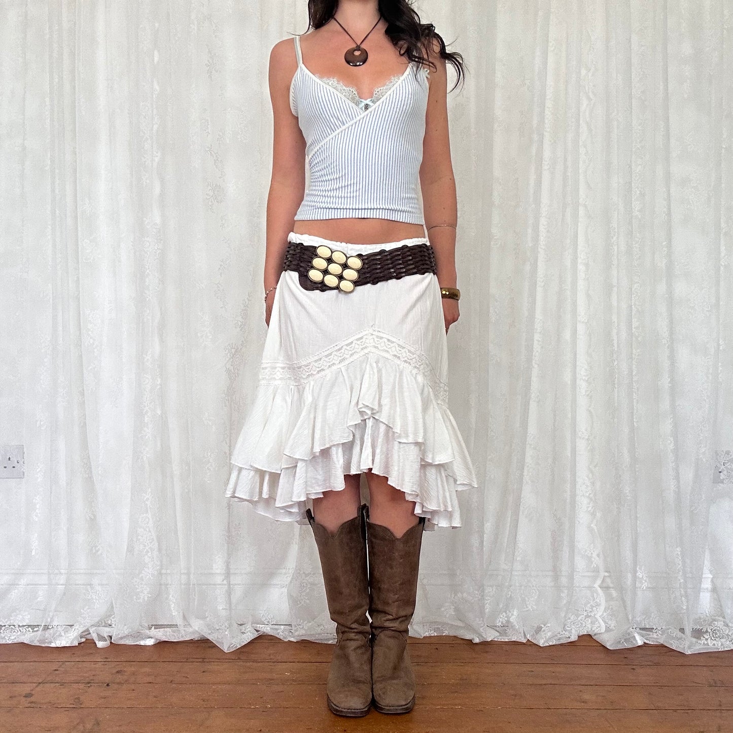 vintage 00s white ruffle hem asymmetrical midi skirt