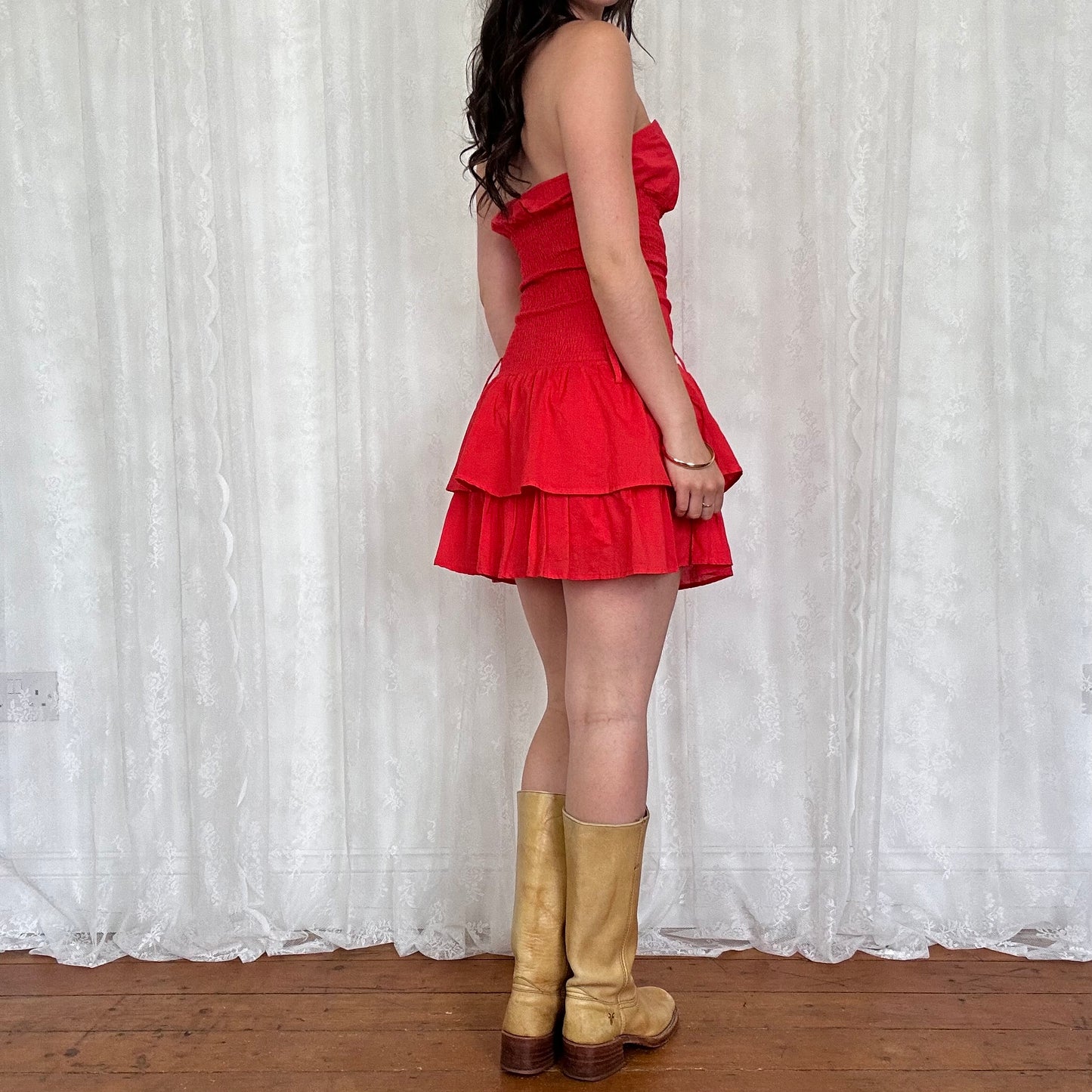 vintage 00s red strapless shirred ruffle mini dress