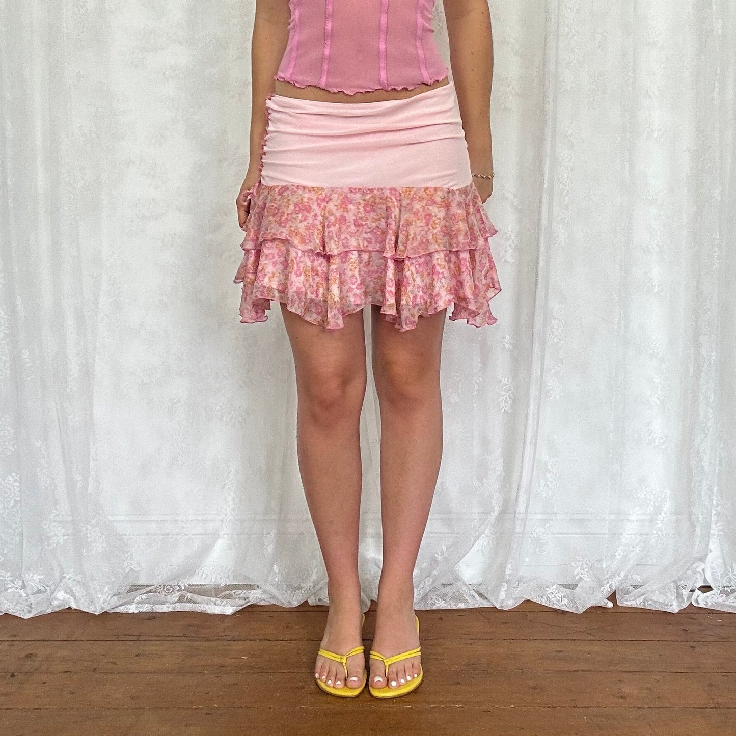 vintage 00s morgan pink floral mesh hem mini skirt