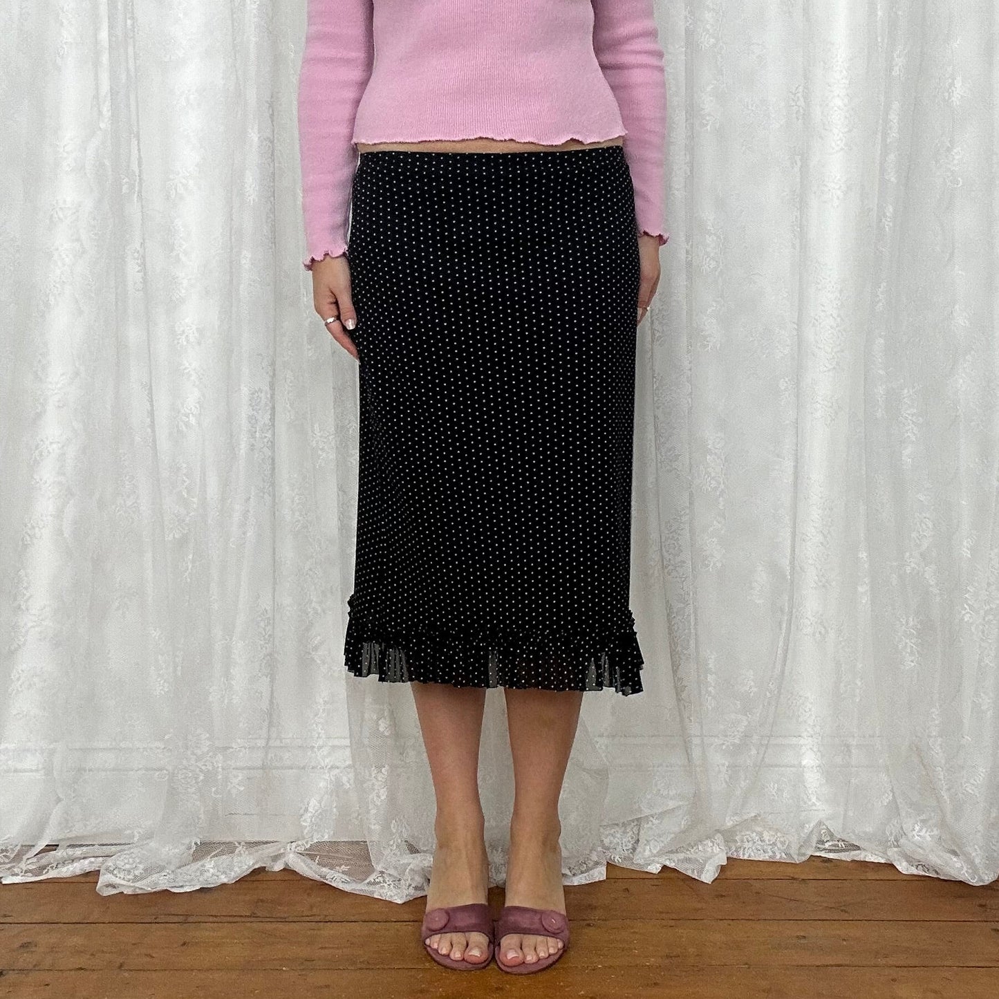 vintage 00s black polka dot mesh midi skirt