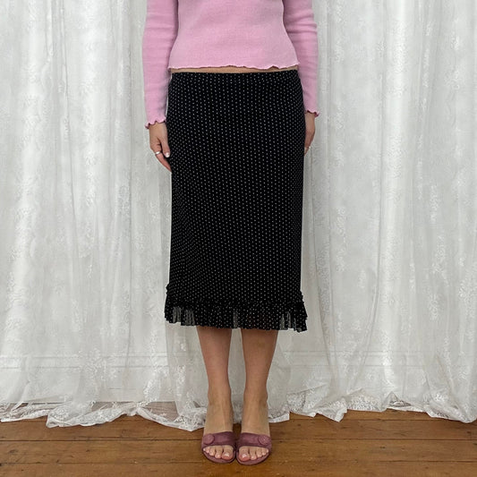 vintage 00s black polka dot mesh midi skirt