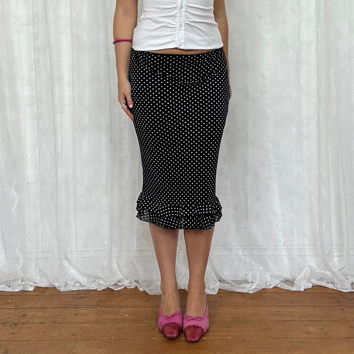 vintage 00s black polka dot midi skirt