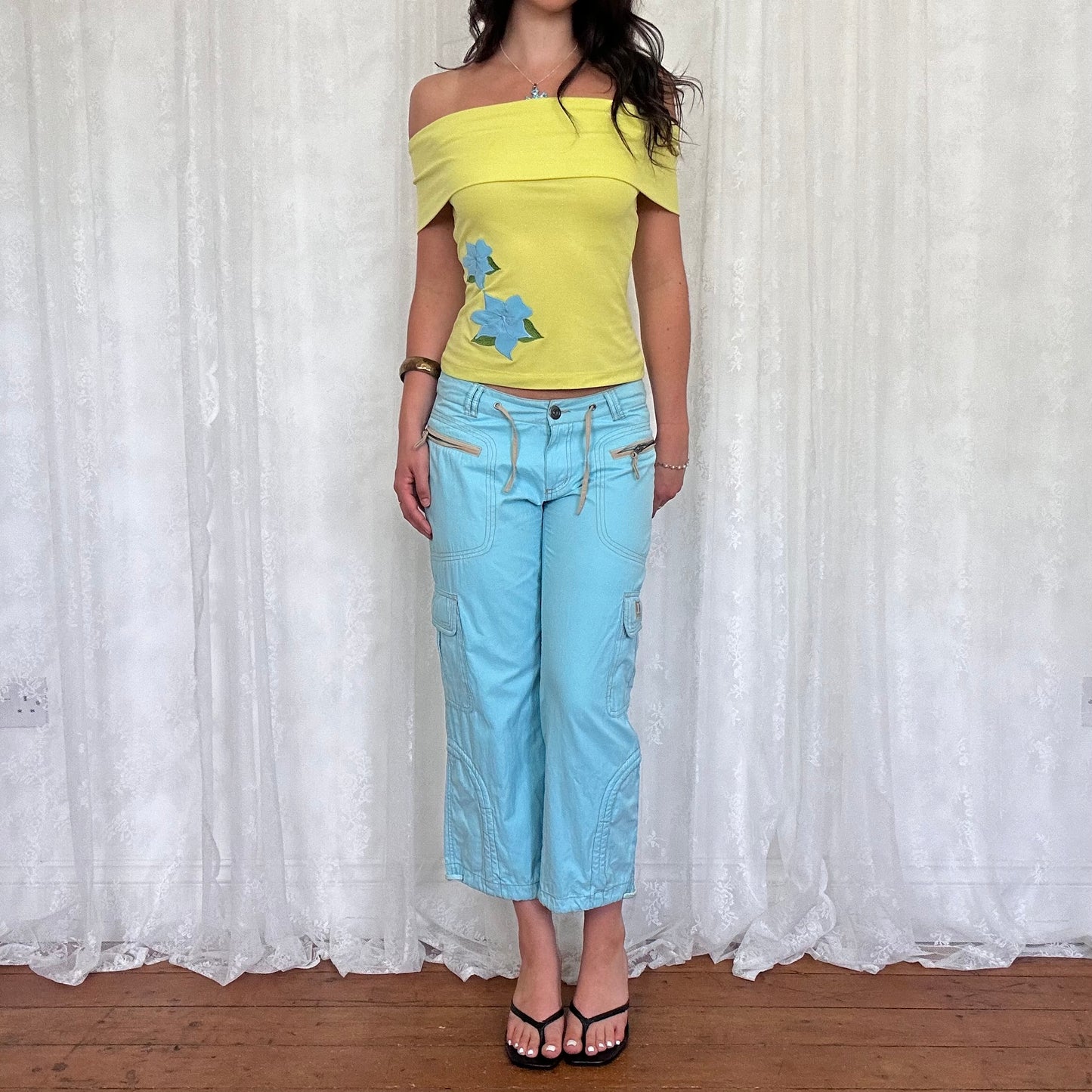 vintage 00s lime green floral off shoulder top