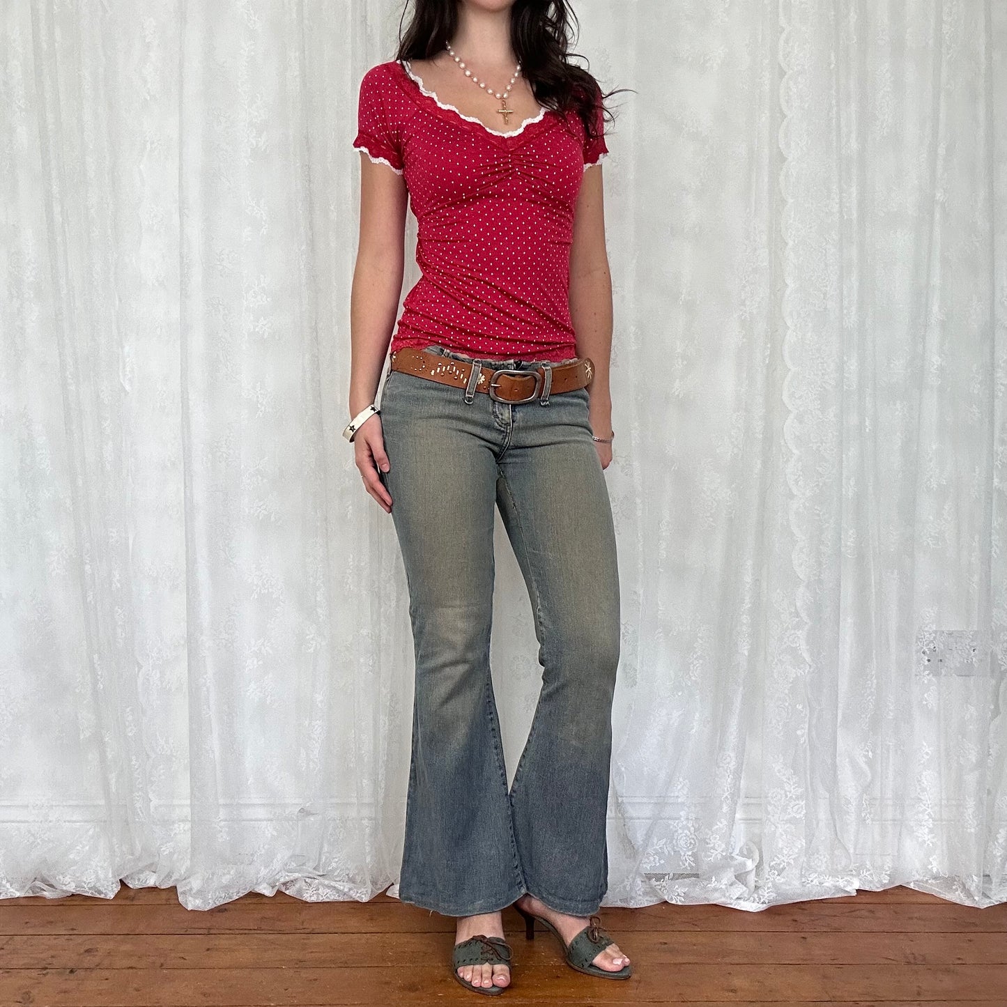 vintage 00s red polka dot lace trim top