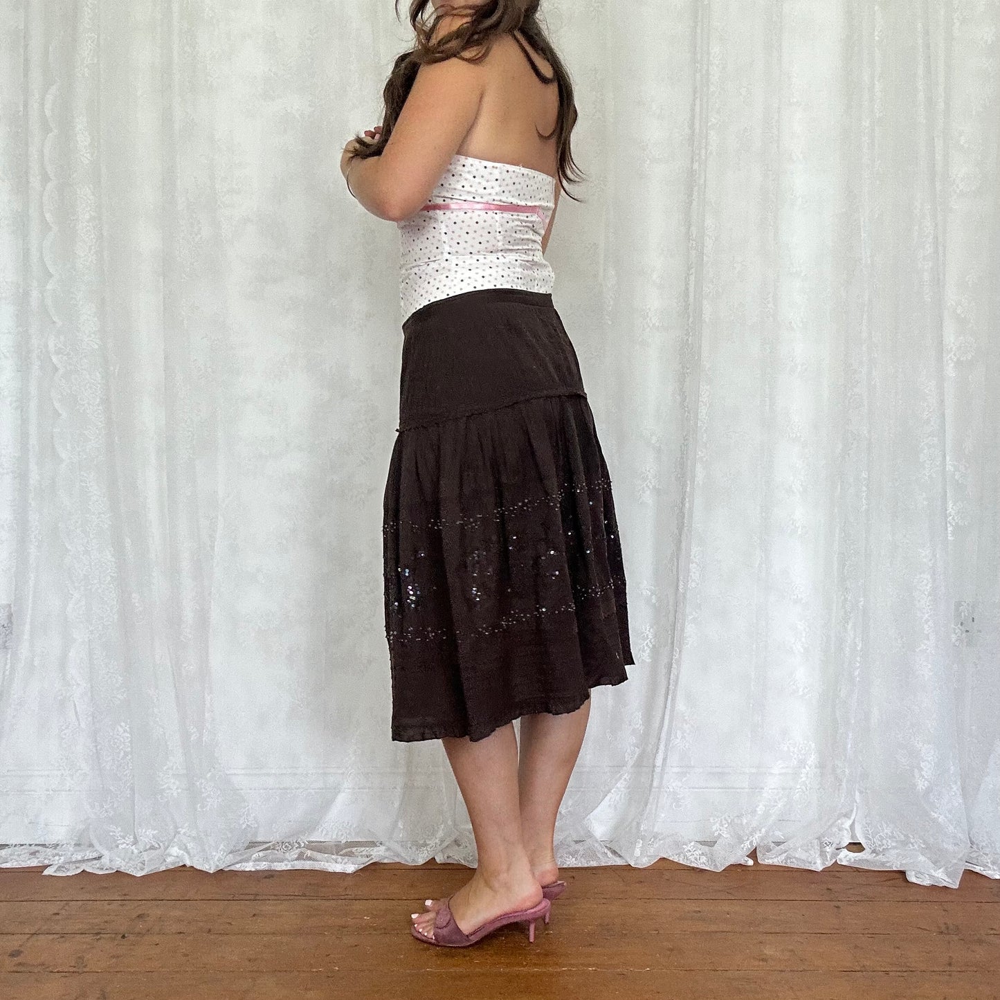 vintage 00s brown beaded tiered midi skirt