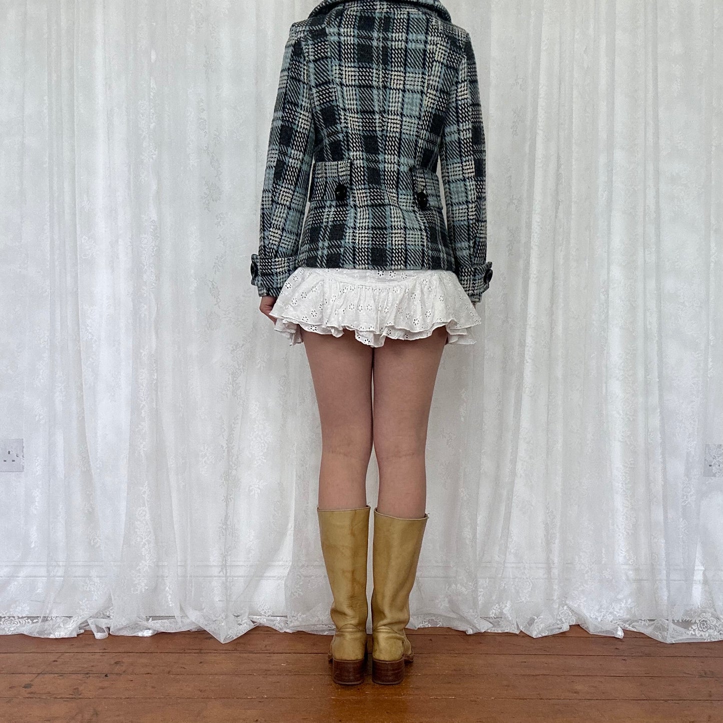 vintage 00s blue checkered button up peacoat
