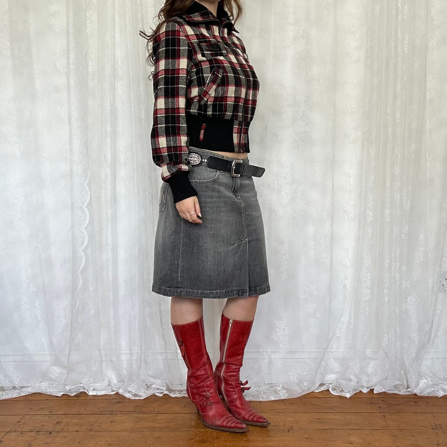 vintage 00s red and black checkered bomber jacket