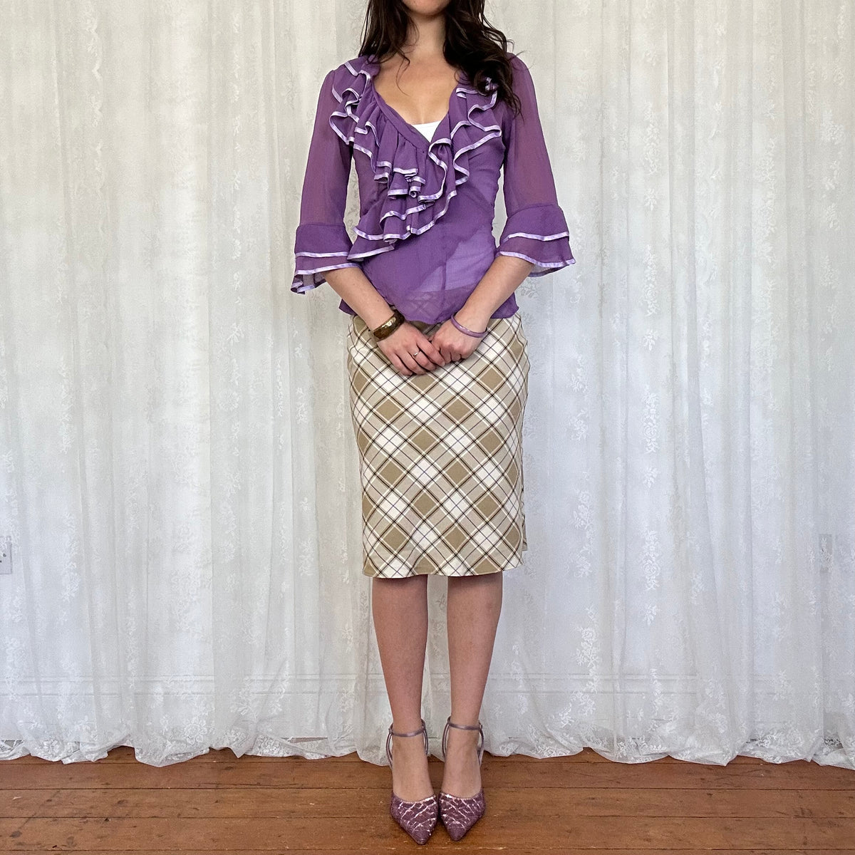 vintage 00s purple mesh ruffle wrap shirt