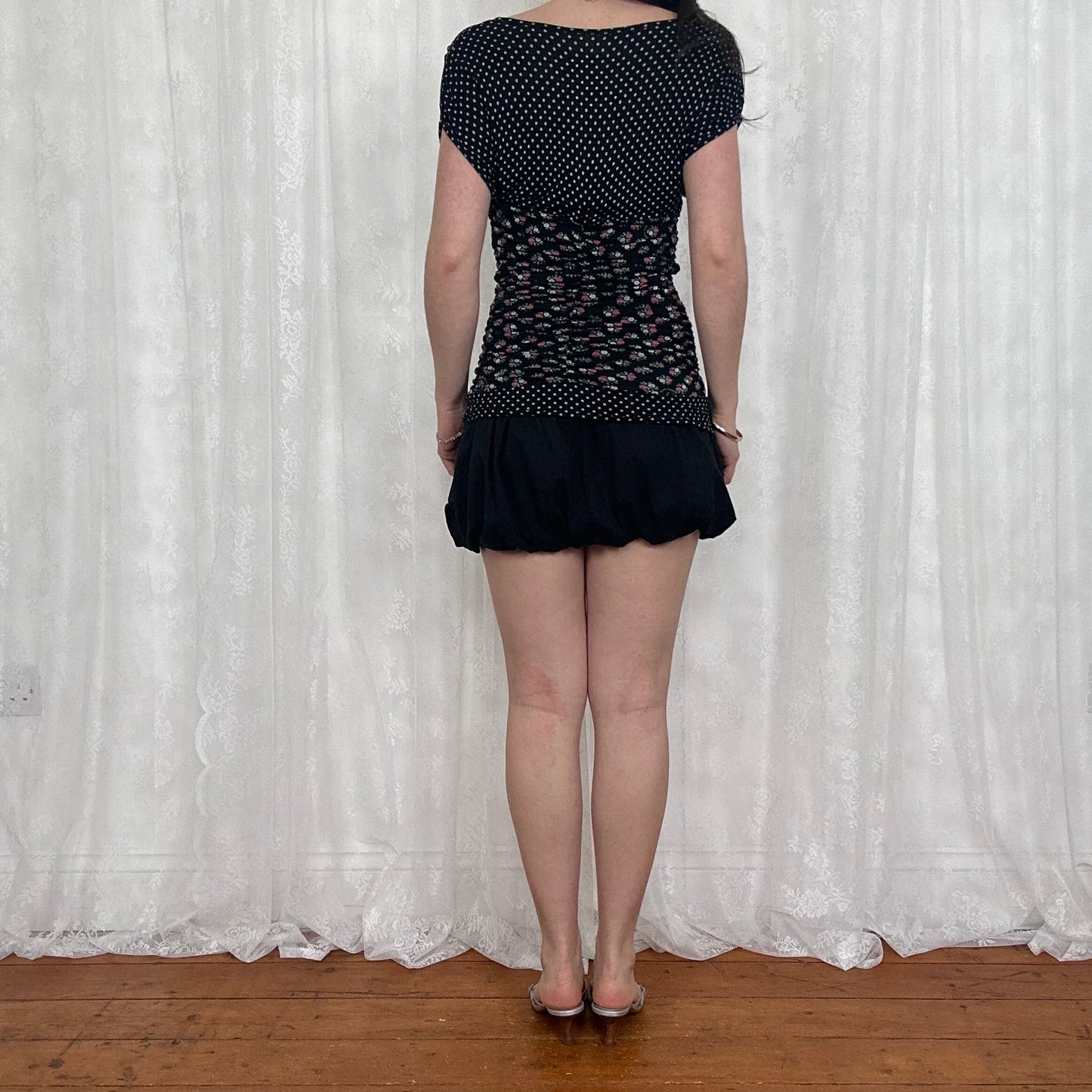 vintage 00s black ruched polka dot and floral top