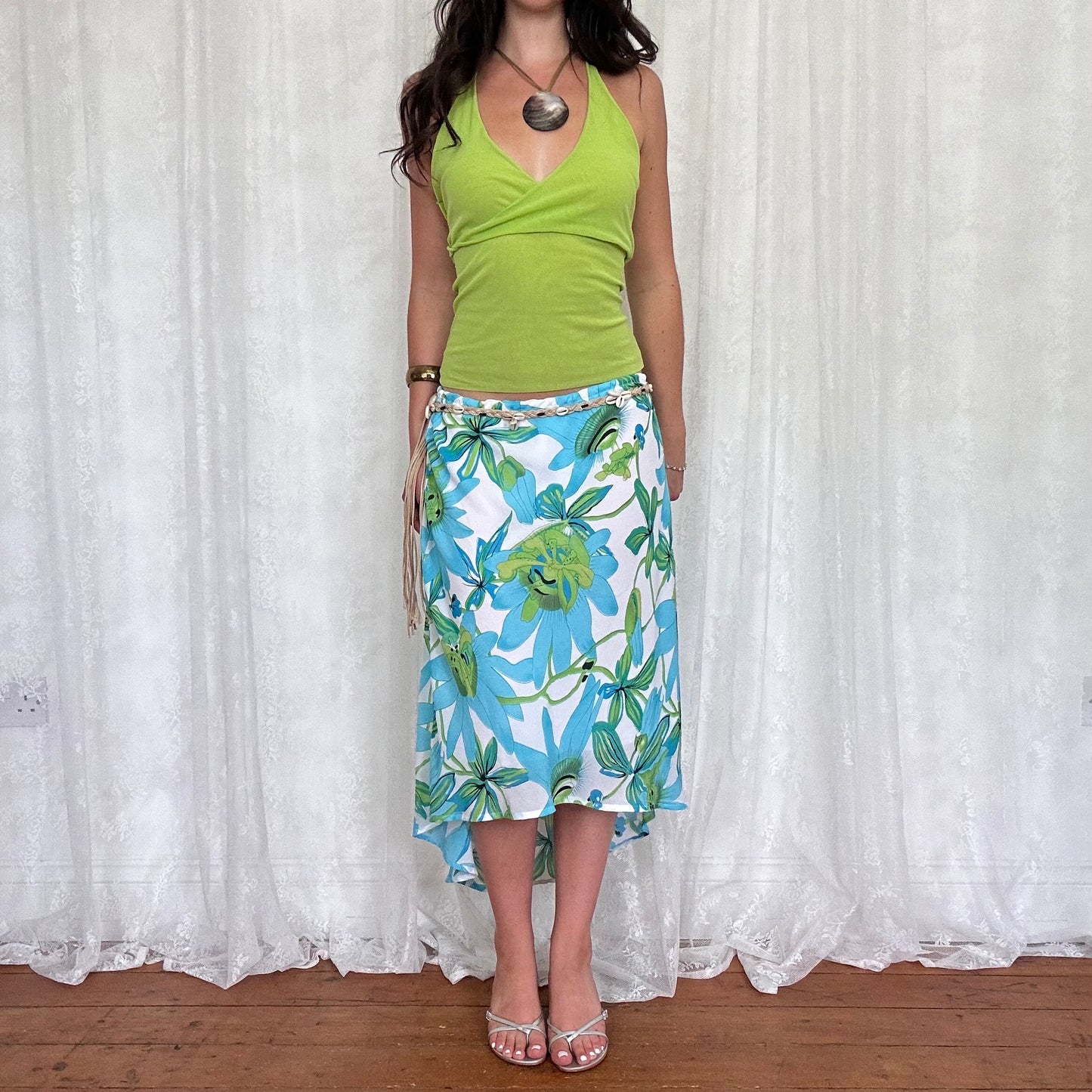 vintage 00s lime green mesh twist halter neck top