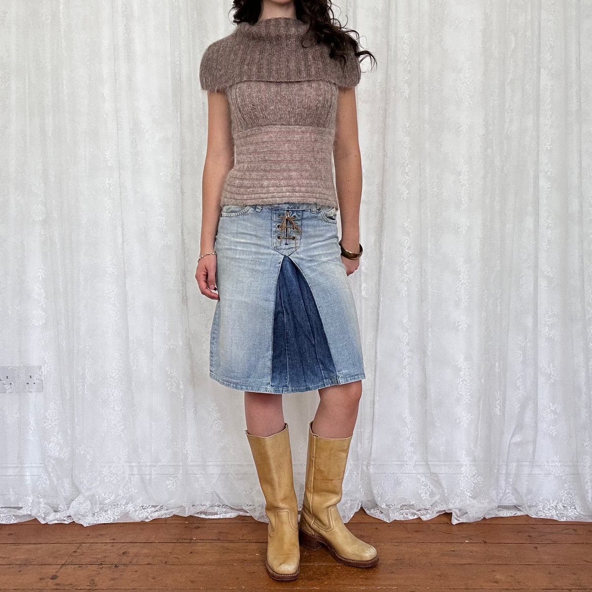 vintage 00s brown off shoulder rollneck jumper
