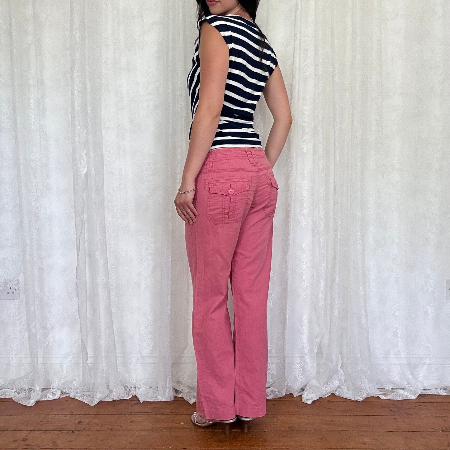 vintage 00s navy and white striped crossover top
