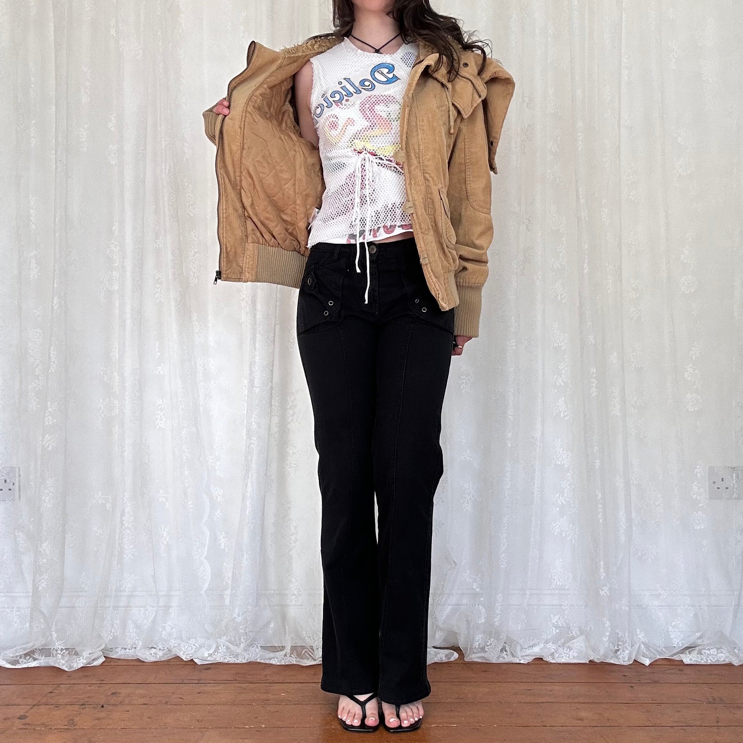 vintage 00s beige cord split hood bomber jacket