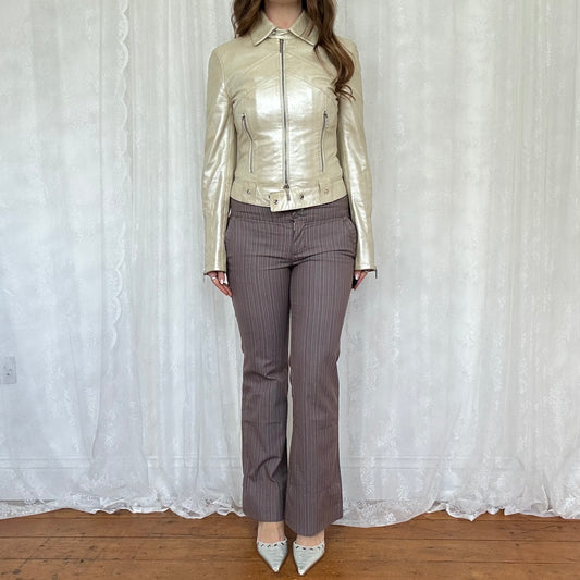 vintage 00s pearl shimmery dual zip leather jacket