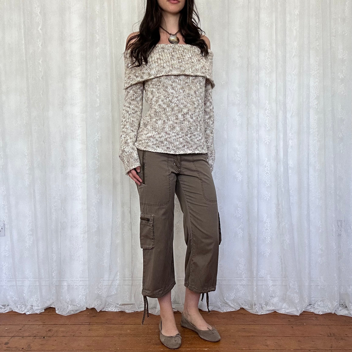 vintage 00s cream and brown off shoulder knitted jumper