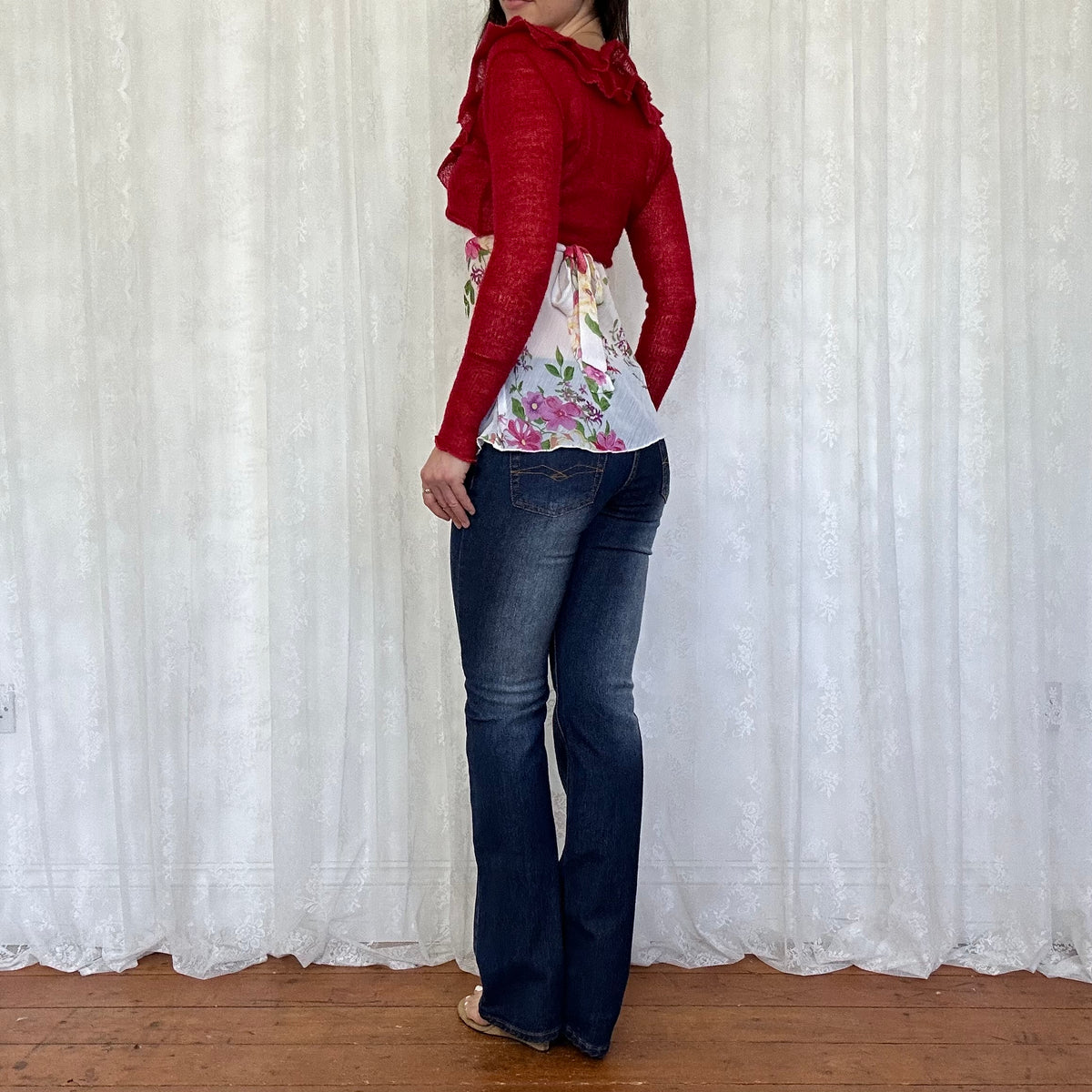vintage 00s red ruffle tie up bolero