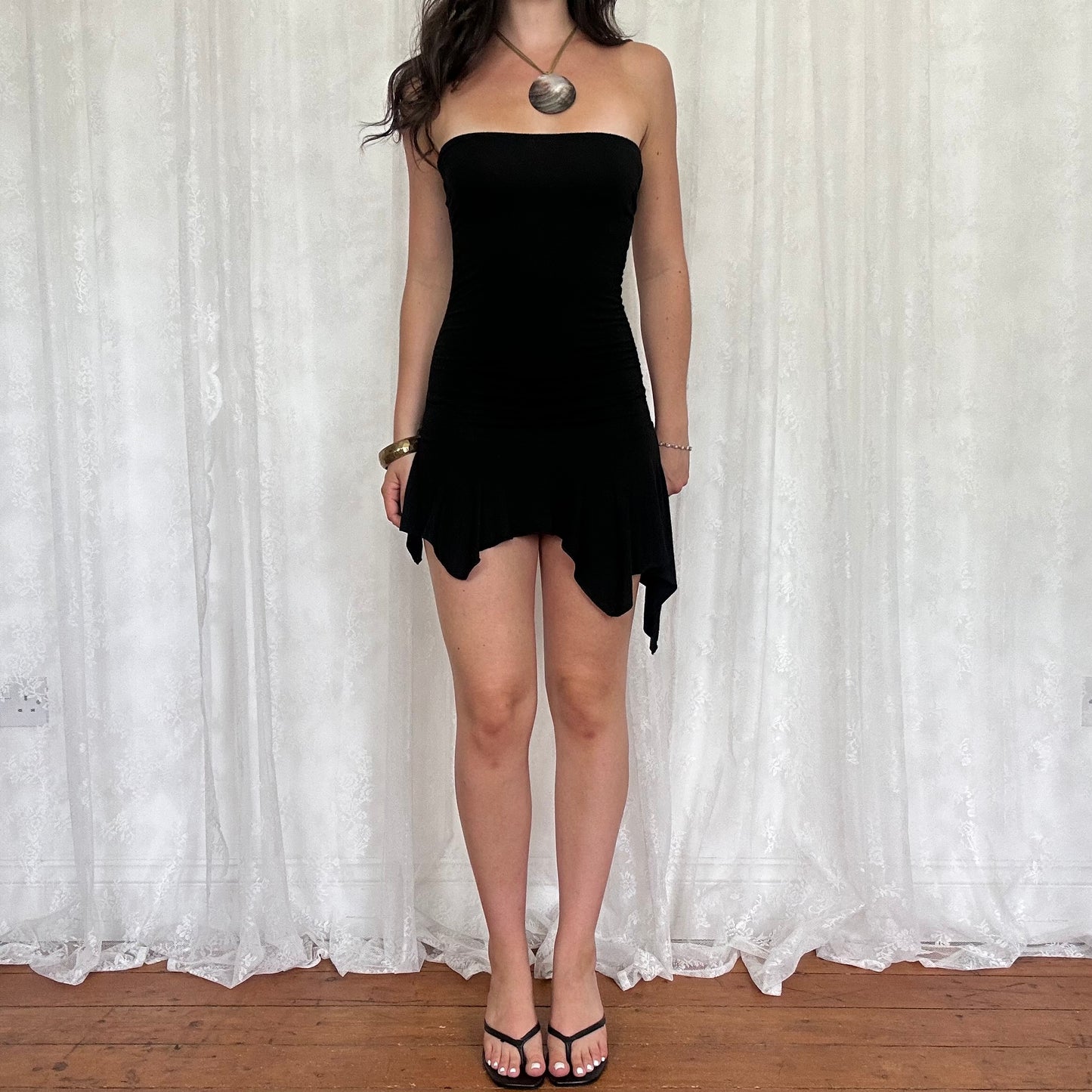 vintage 00s black strapless hanky hem mini dress