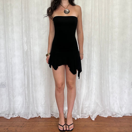 vintage 00s black strapless hanky hem mini dress