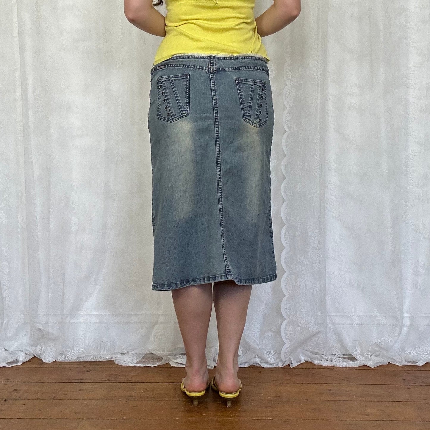 vintage 00s denim tie front midi skirt