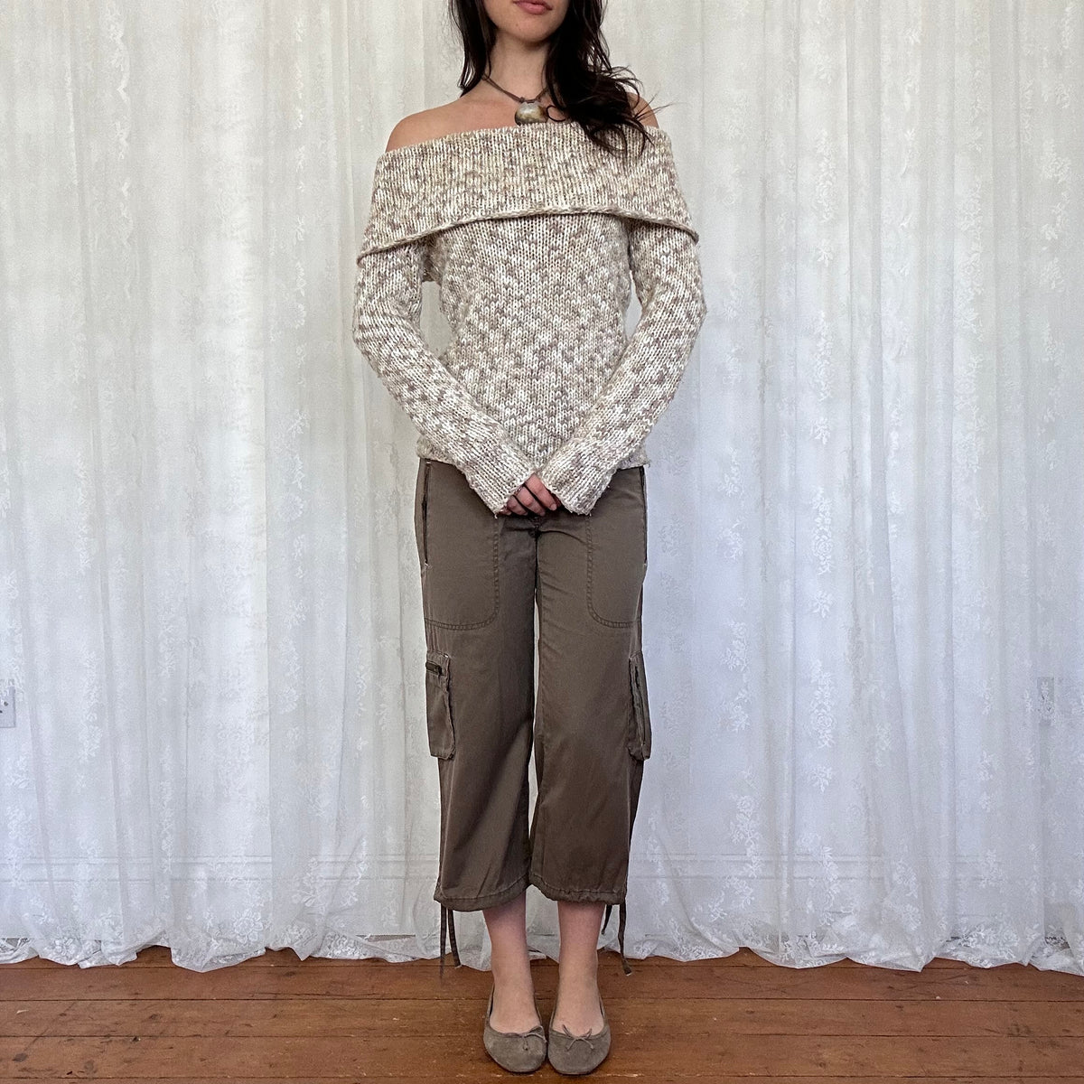 vintage 00s cream and brown off shoulder knitted jumper