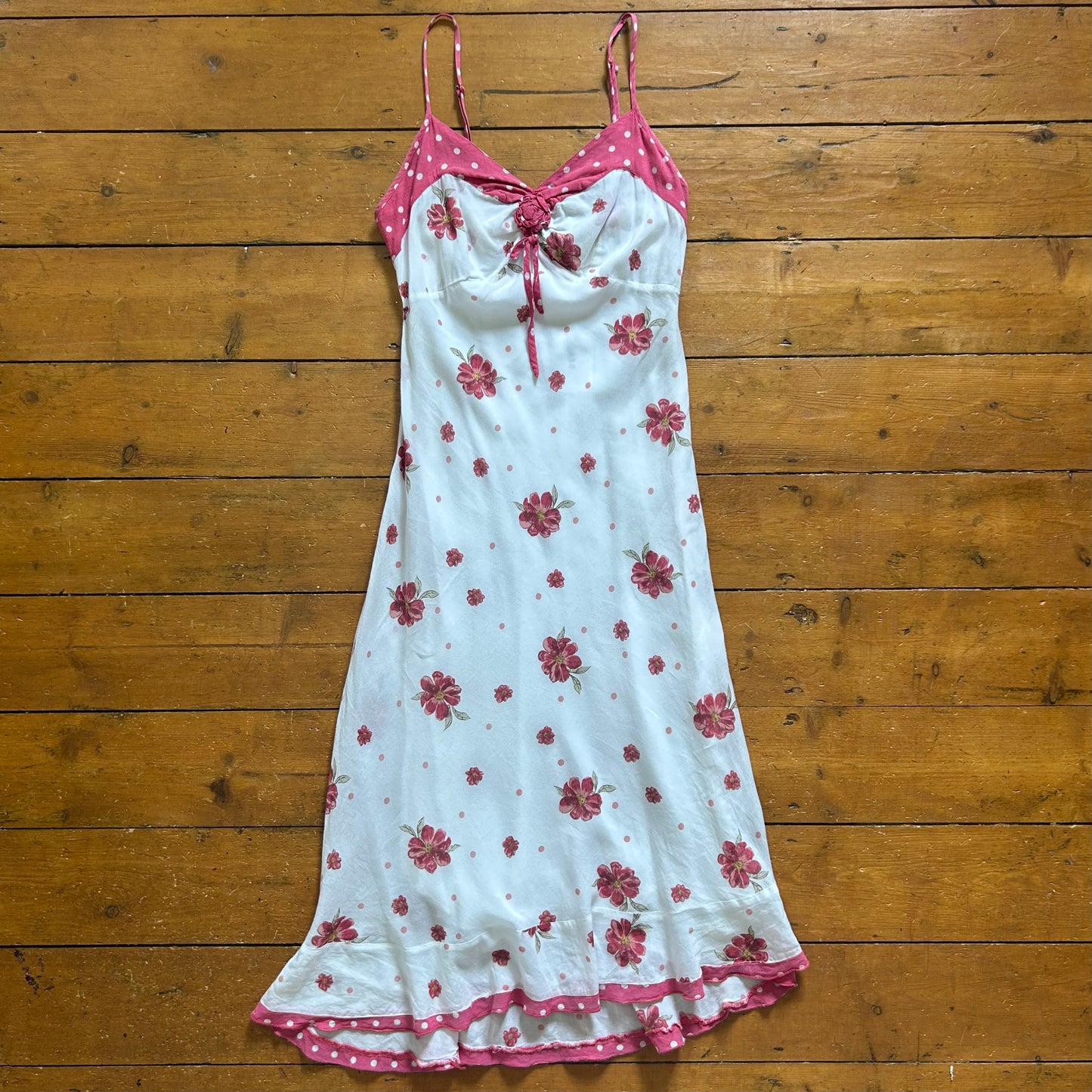vintage 00s floral midi dress with polka dot trim