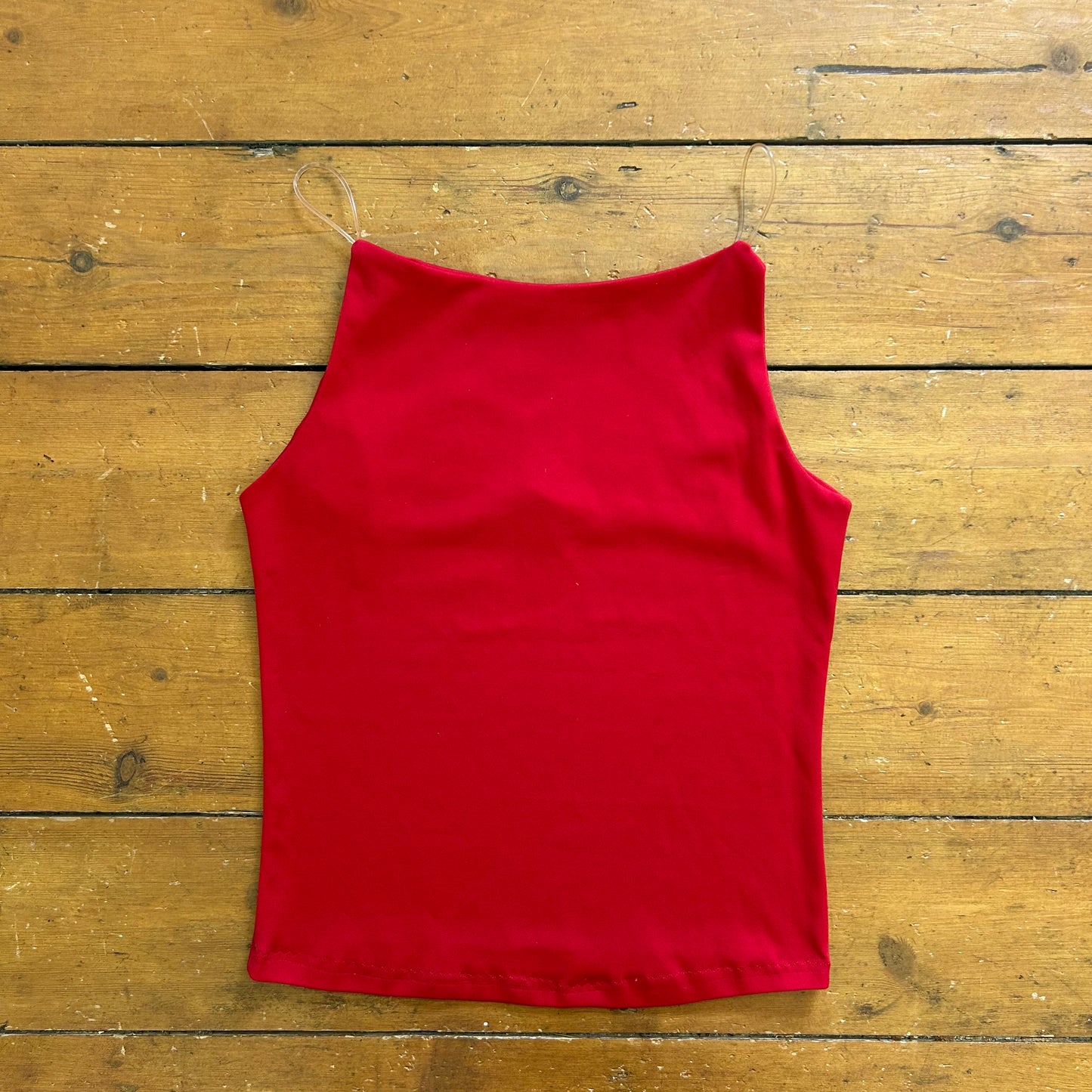 vintage 00s red high neck cami with clear straps