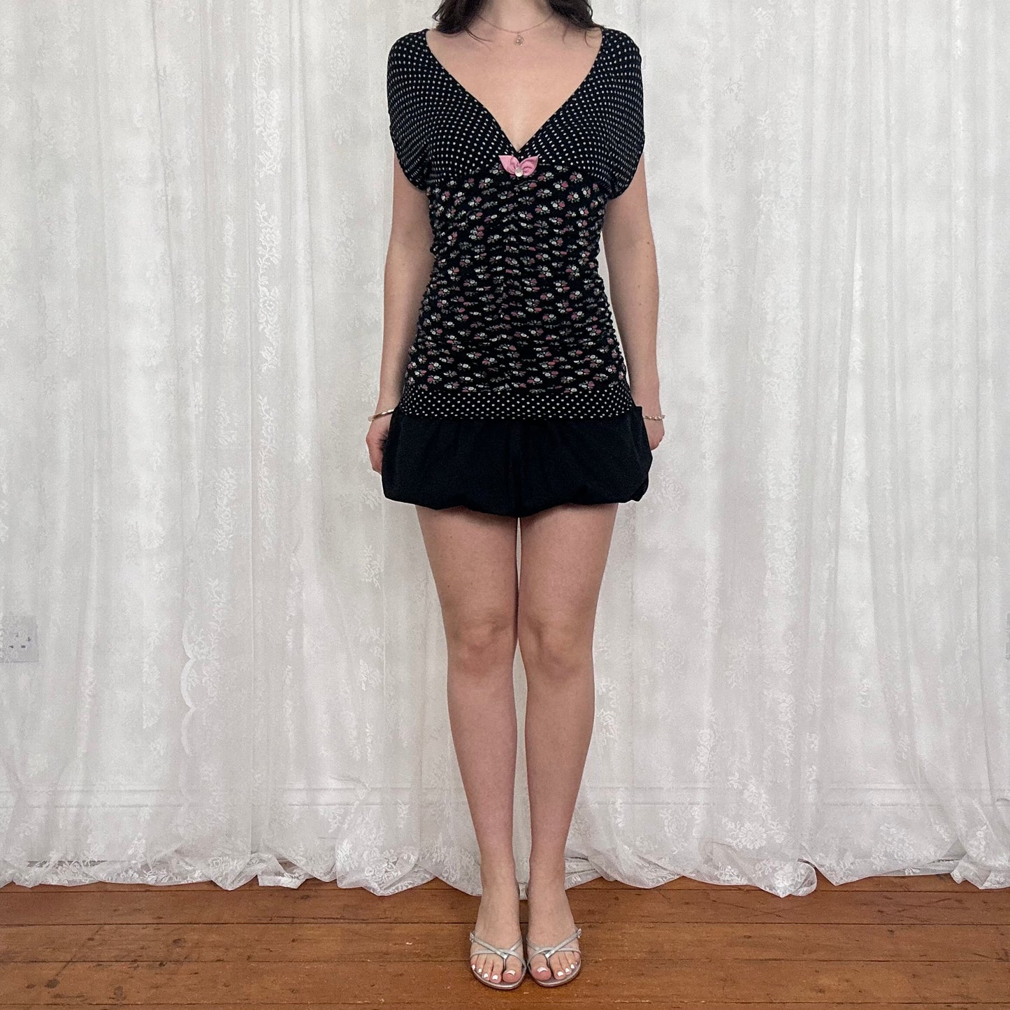 vintage 00s black ruched polka dot and floral top