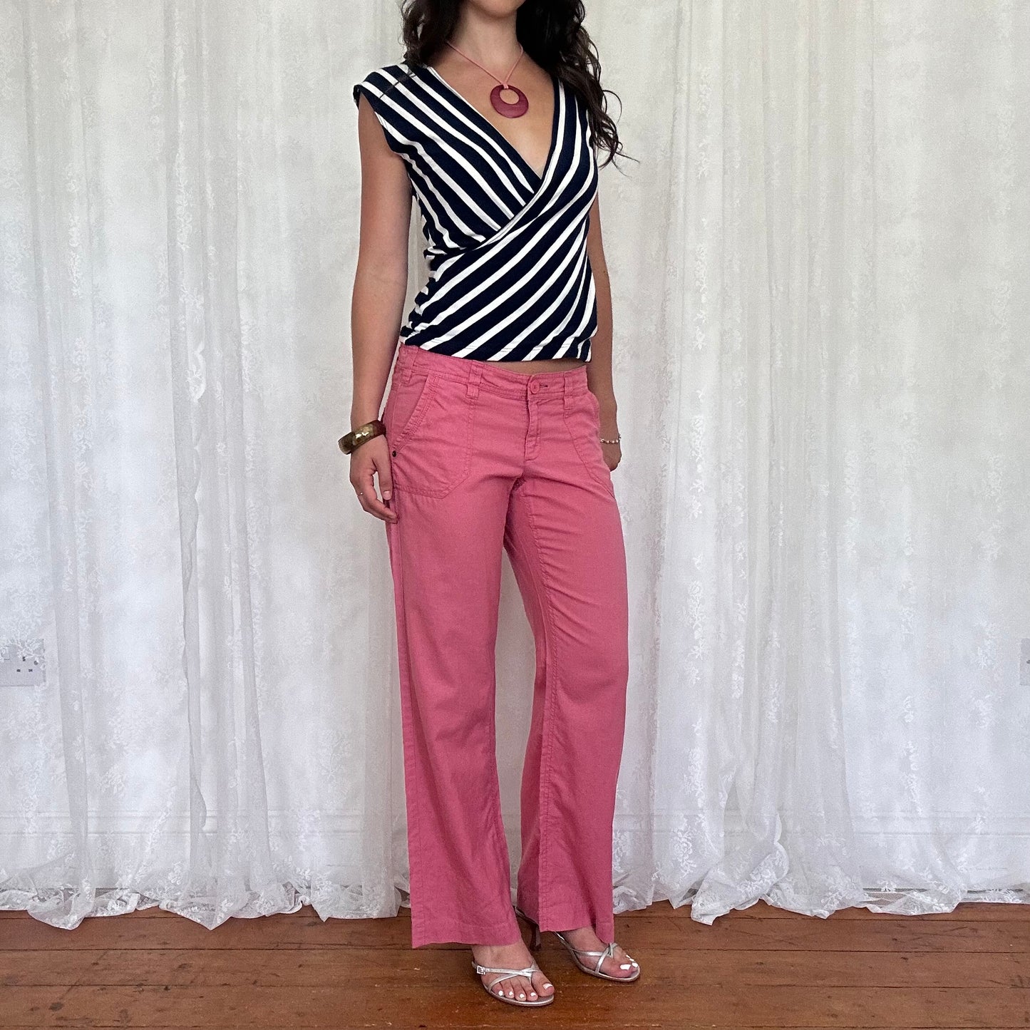 vintage 00s navy and white striped crossover top
