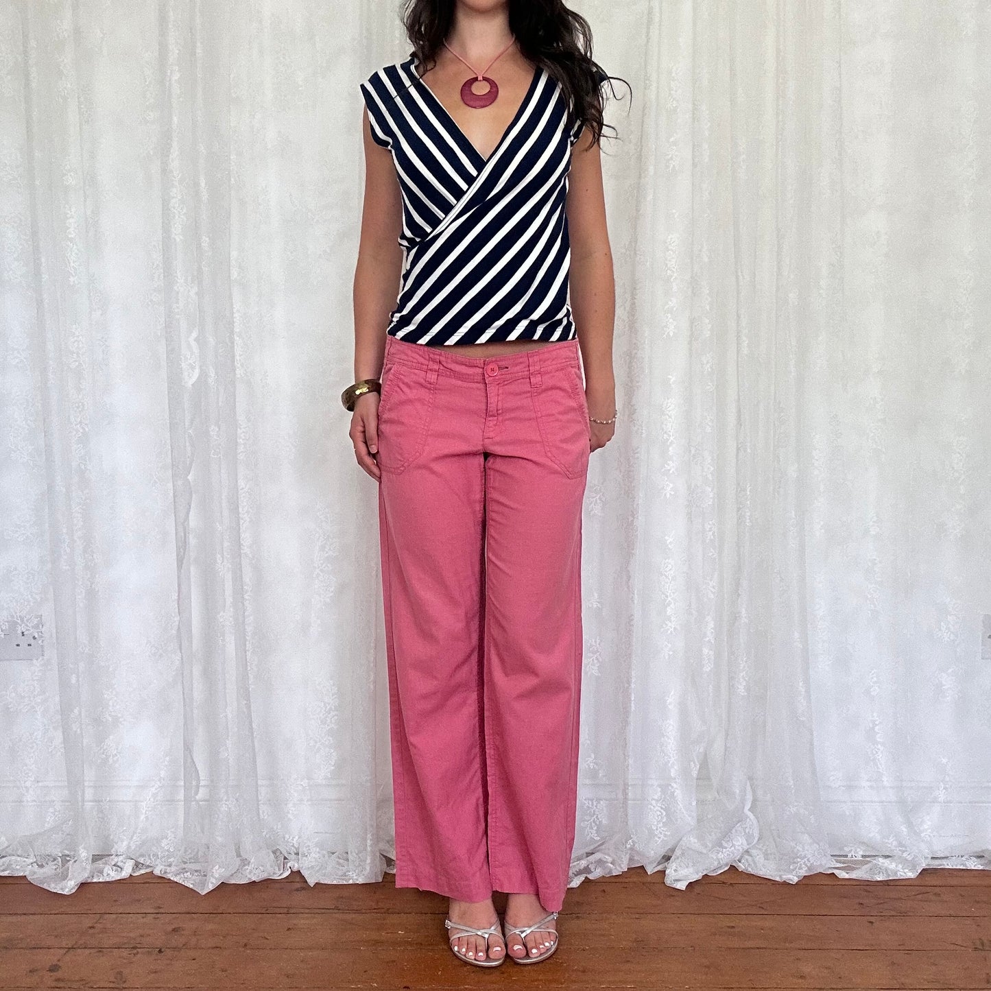 vintage 00s navy and white striped crossover top
