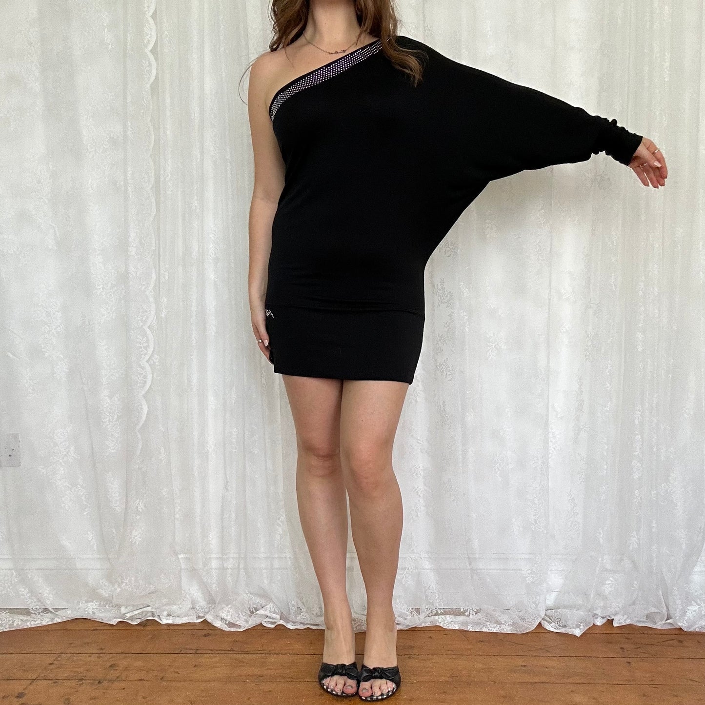 vintage 00s black one shoulder batwing mini dress