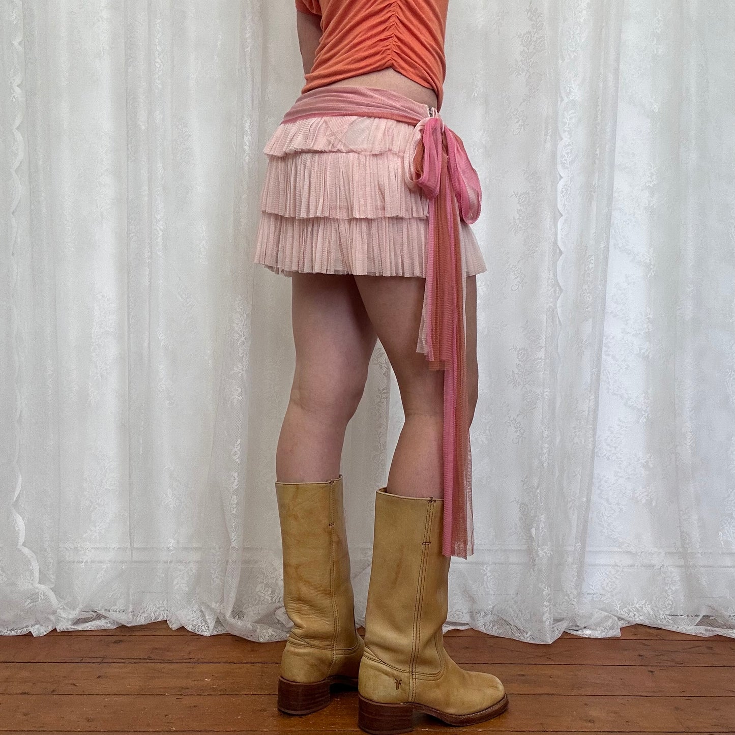 vintage 00s pink silk ruffle mini skirt with tie up belt
