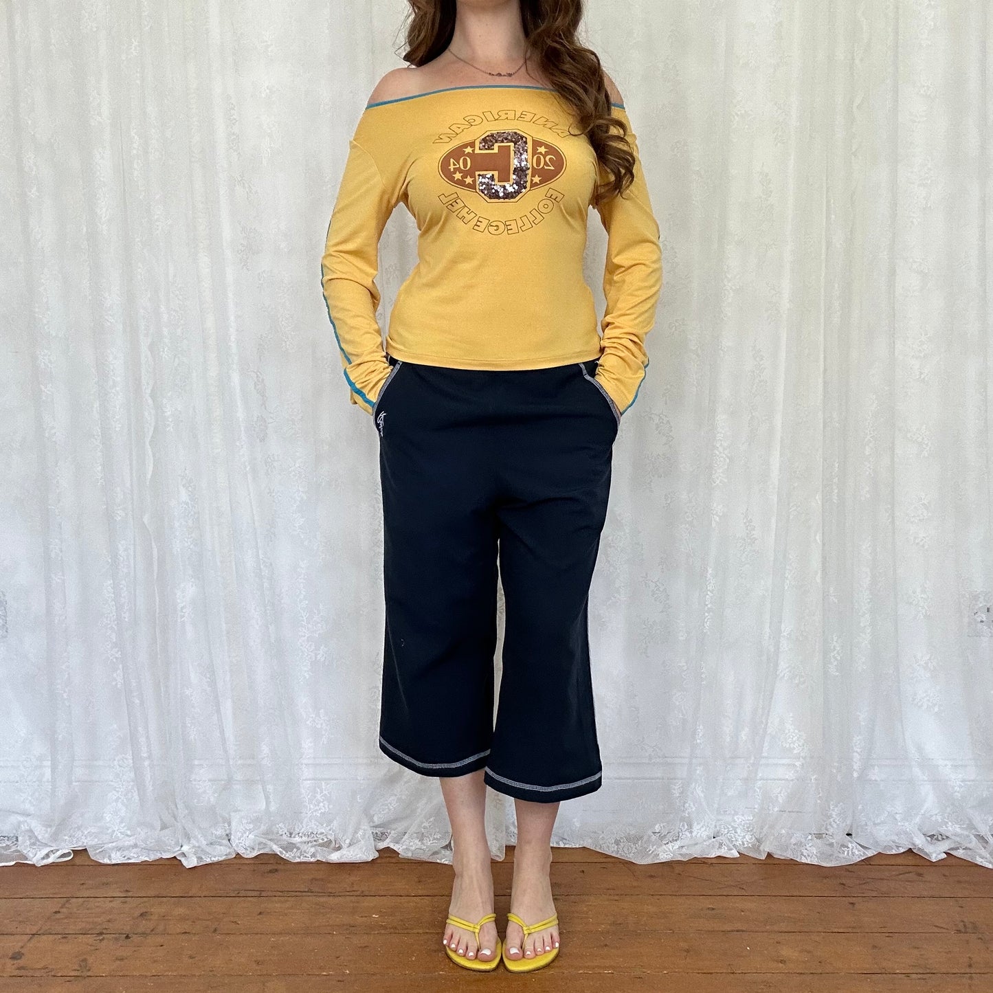 vintage 00s mustard yellow sequin varsity graphic top