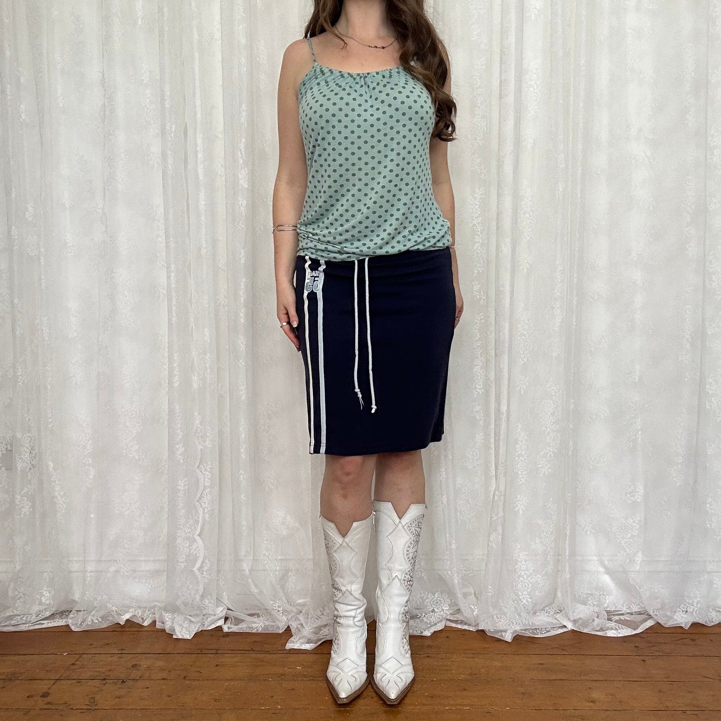 vintage 00s blue polka dot ruched cami top