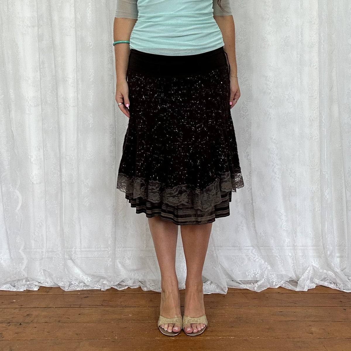vintage 00s brown knitted lace fairy midi skirt