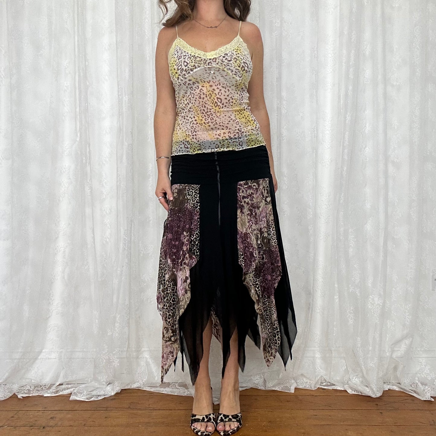 vintage 00s black animal print mesh fairy midi skirt