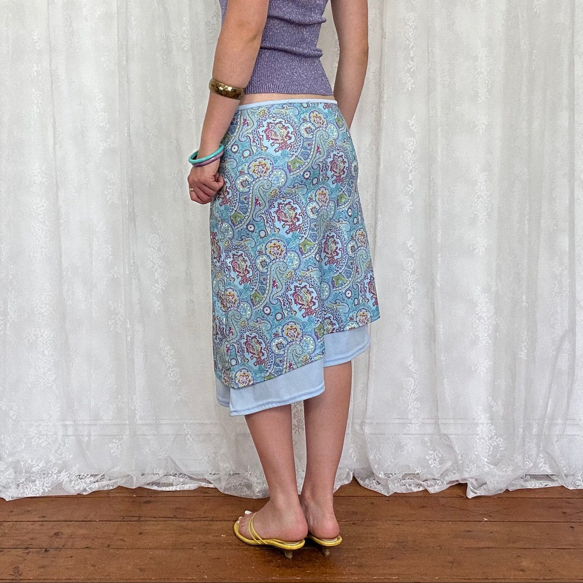 vintage 00s blue paisley asymmetrical midi skirt
