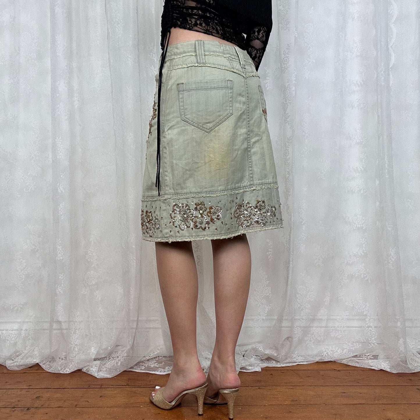 vintage 00s light wash sequin midi skirt