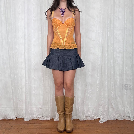vintage 00s orange mesh corset top with purple ribbon detail