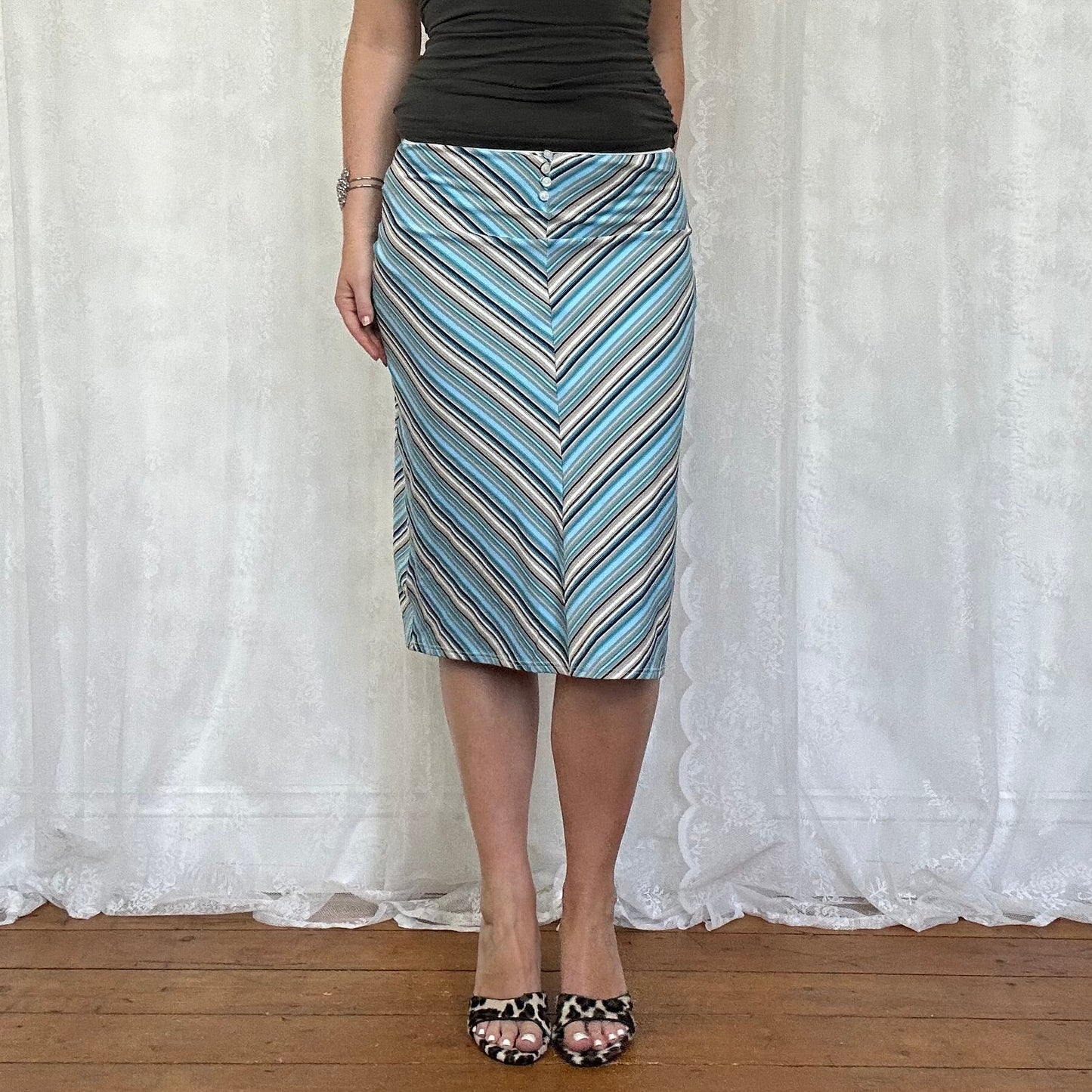 vintage 00s blue and brown striped midi skirt