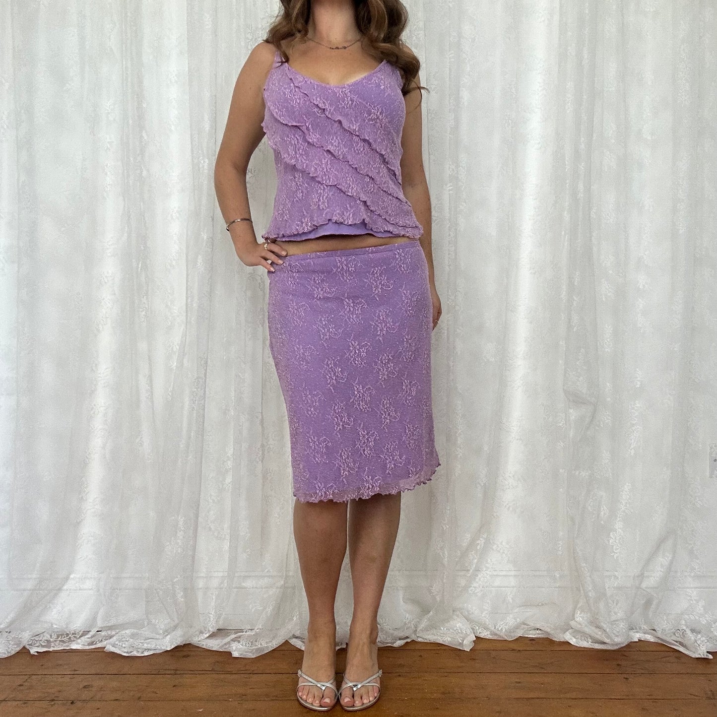 vintage 00s lilac lace patterned mesh cami and skirt co ord