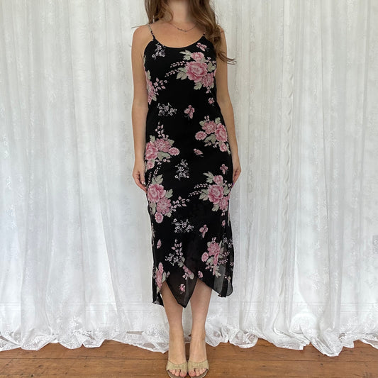 vintage 00s black floral midi dress