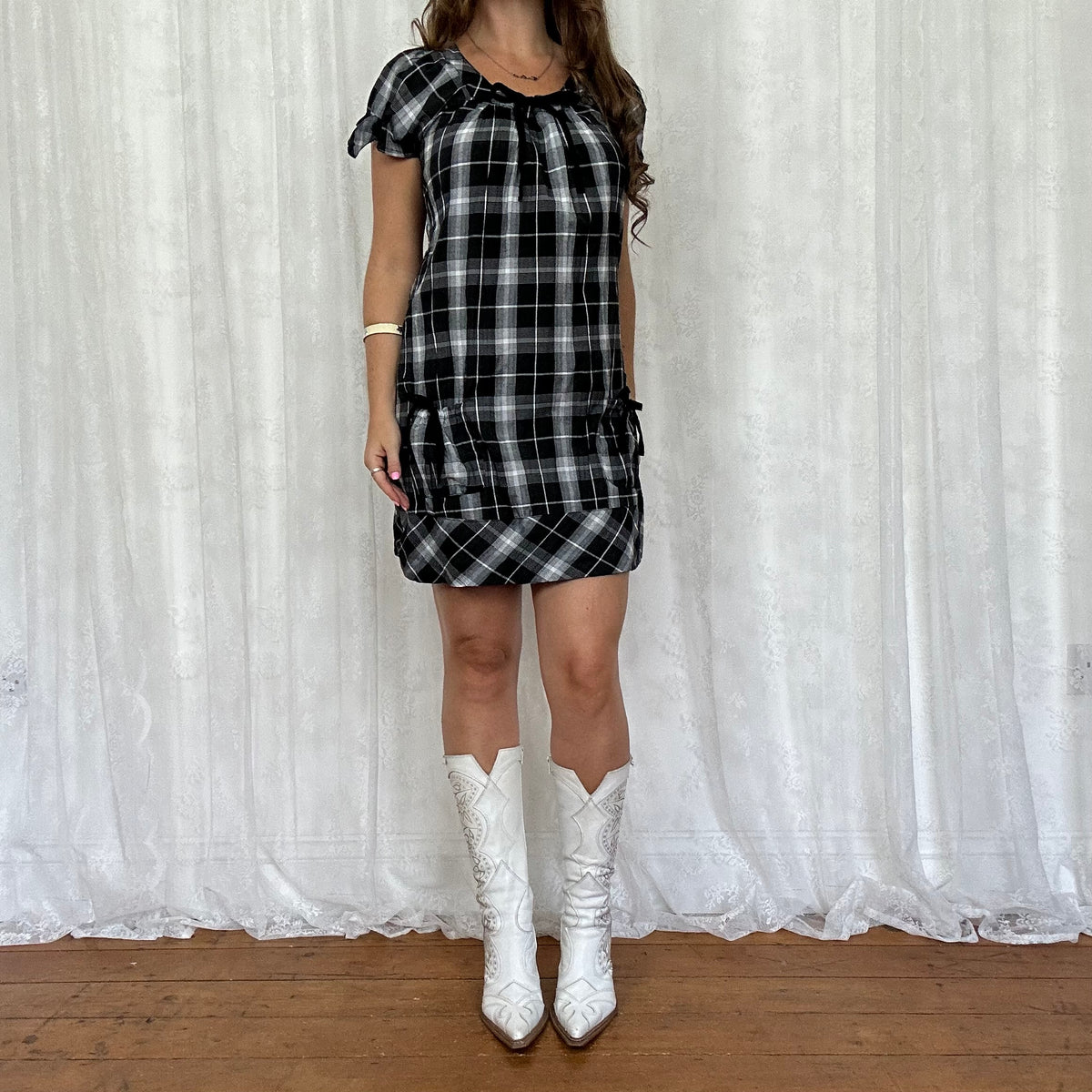 vintage 00s black checkered mini shift dress