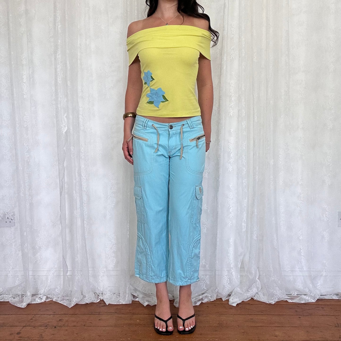 vintage 00s teal blue cropped cargo capris